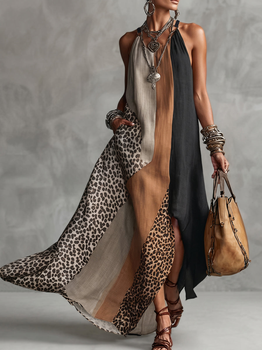 Lucía | Vestido Largo con Cuello Halter, Estampado de Leopardo y Detalles Asimétricos