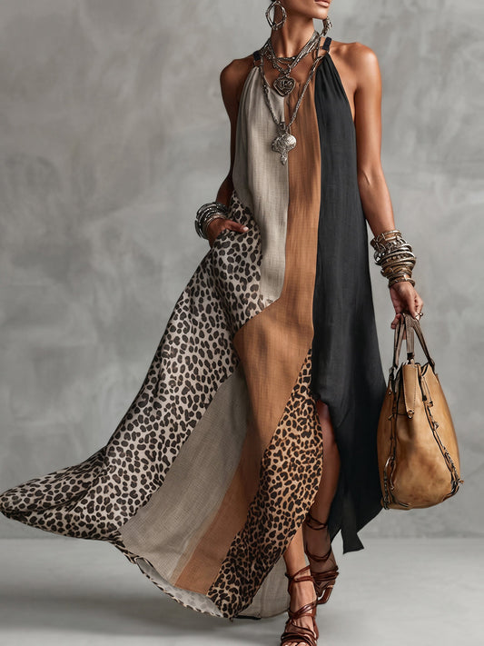 Lucía | Vestido Largo con Cuello Halter, Estampado de Leopardo y Detalles Asimétricos