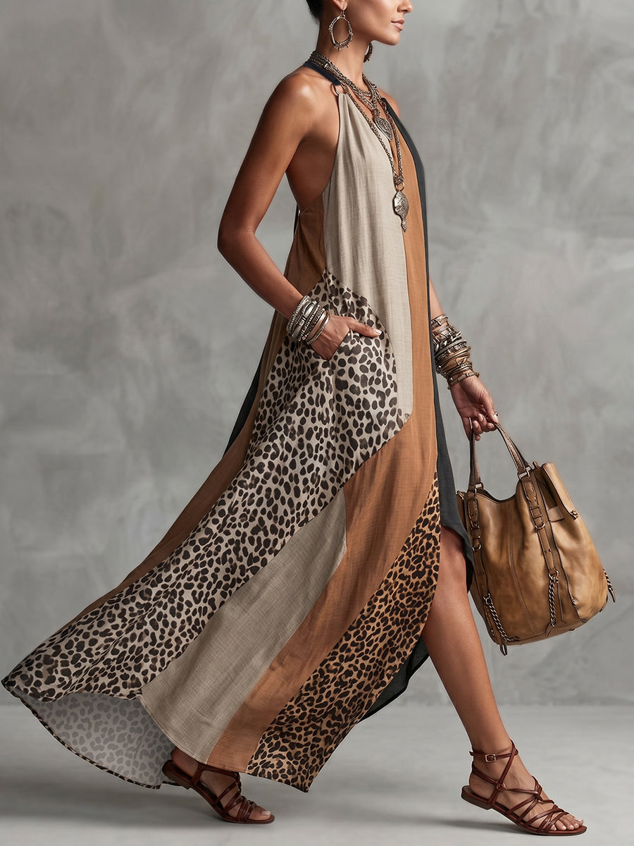 Lucía | Vestido Largo con Cuello Halter, Estampado de Leopardo y Detalles Asimétricos