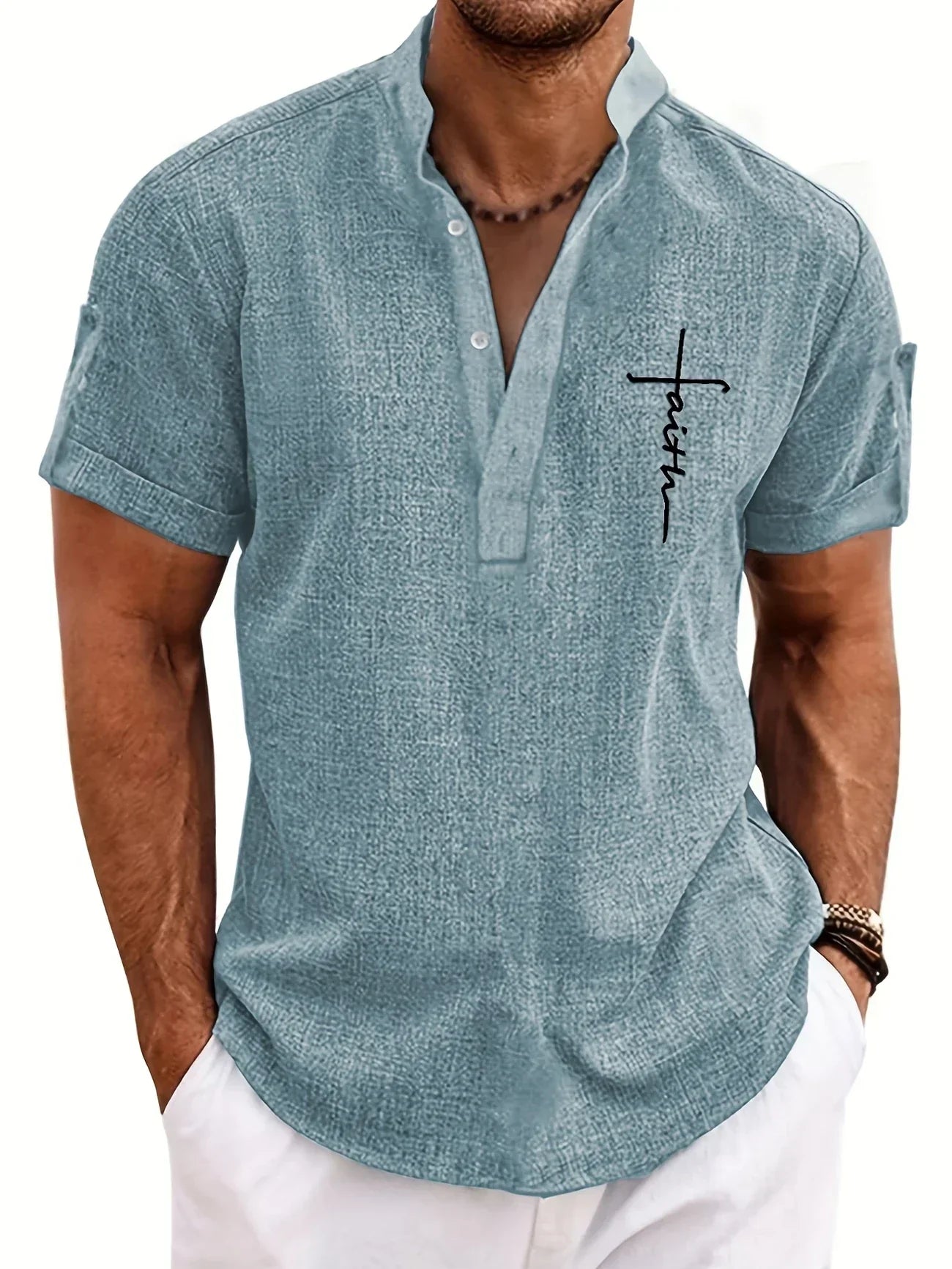 Camisa elegante de manga corta y cuello alto