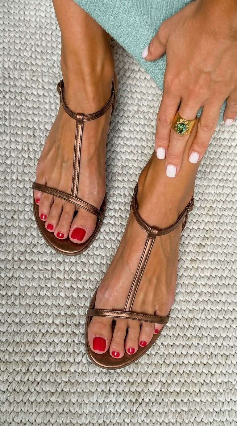 Alicia | Sandalias Planas Metálicas con Tira en T
