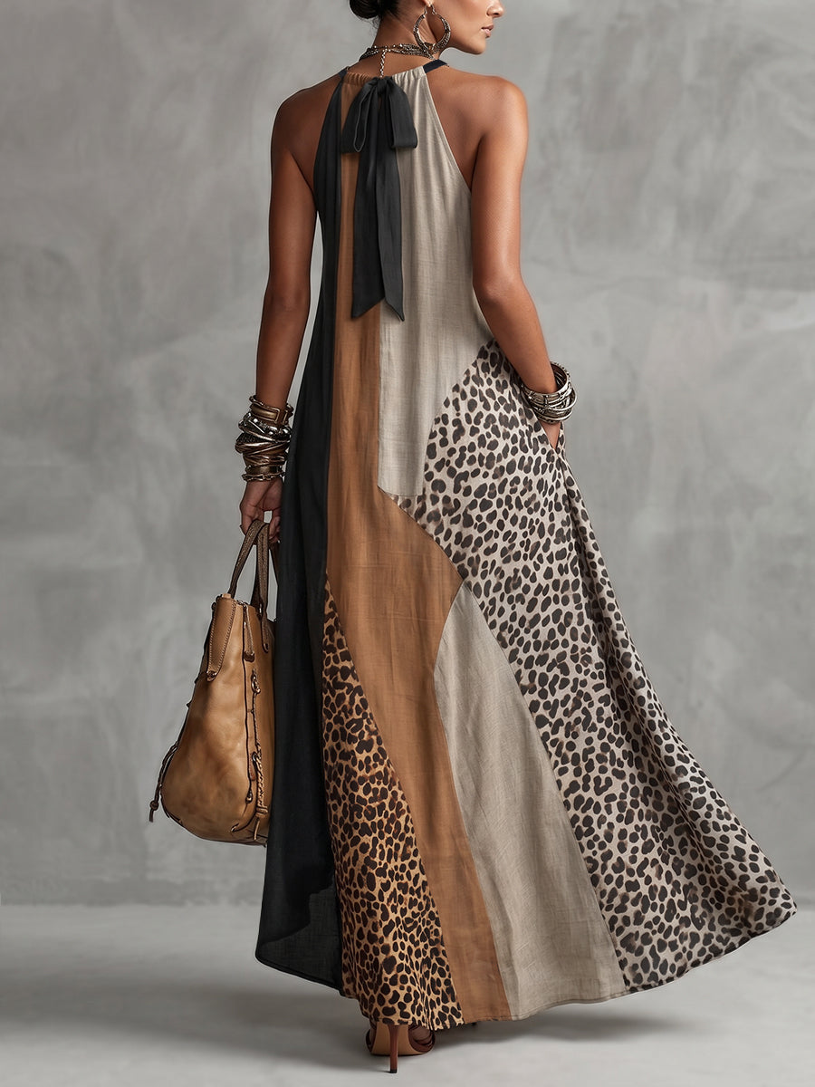 Lucía | Vestido Largo con Cuello Halter, Estampado de Leopardo y Detalles Asimétricos
