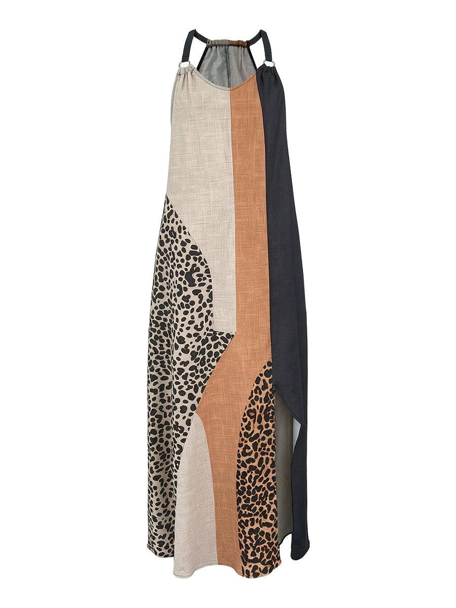 Lucía | Vestido Largo con Cuello Halter, Estampado de Leopardo y Detalles Asimétricos