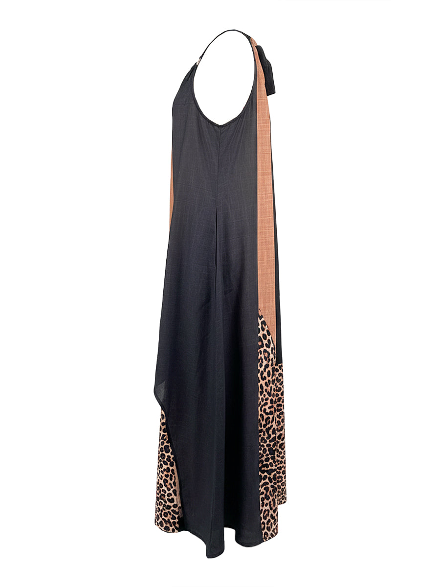 Lucía | Vestido Largo con Cuello Halter, Estampado de Leopardo y Detalles Asimétricos