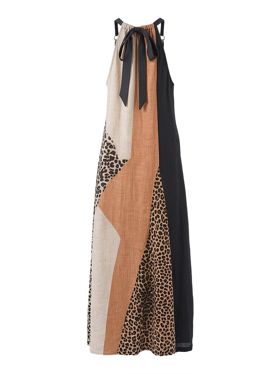 Lucía | Vestido Largo con Cuello Halter, Estampado de Leopardo y Detalles Asimétricos
