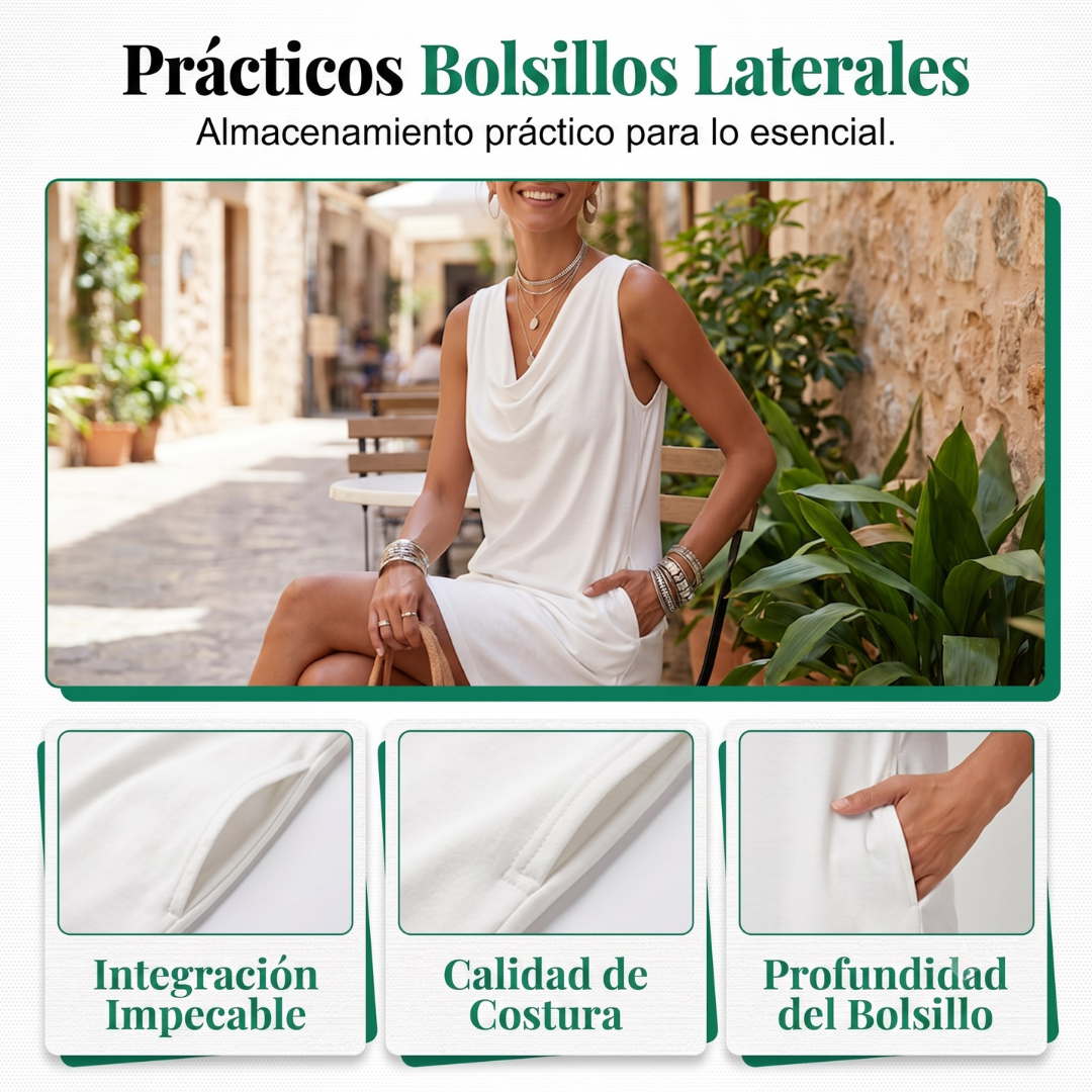 Alba | Vestido con Cuello Barco, Sin Mangas, Bolsillos Laterales, Versátil