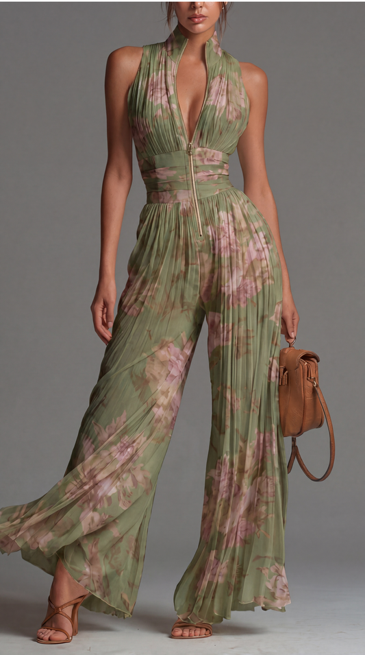Sofía | Jumpsuit de Gasa Plisada en Verde