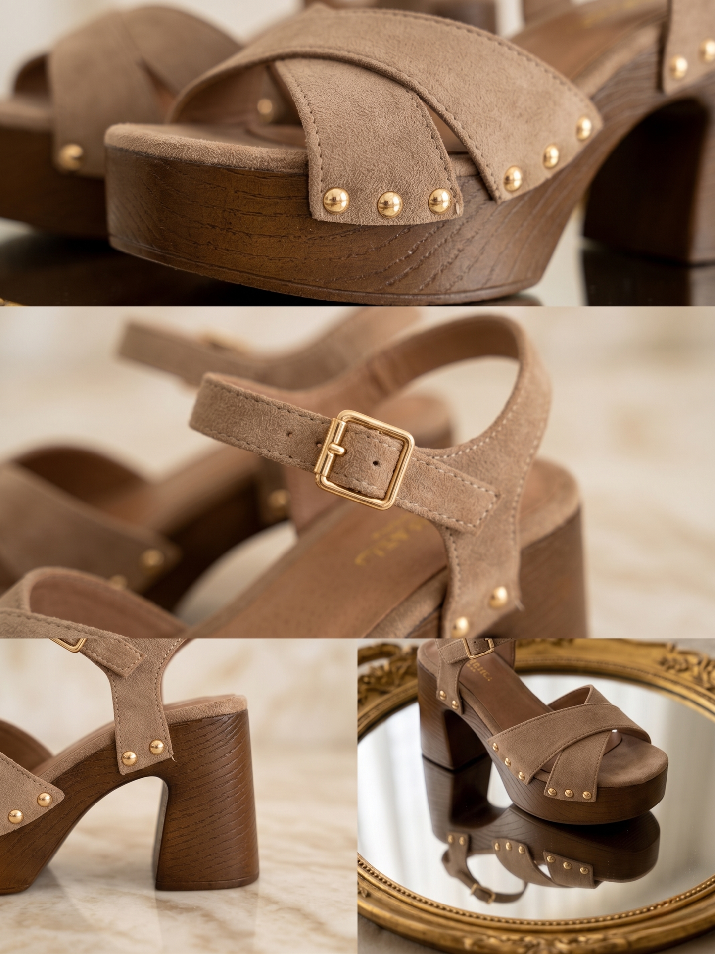 Sandalias Gaia | Color topo, tiras cruzadas y tachuelas doradas