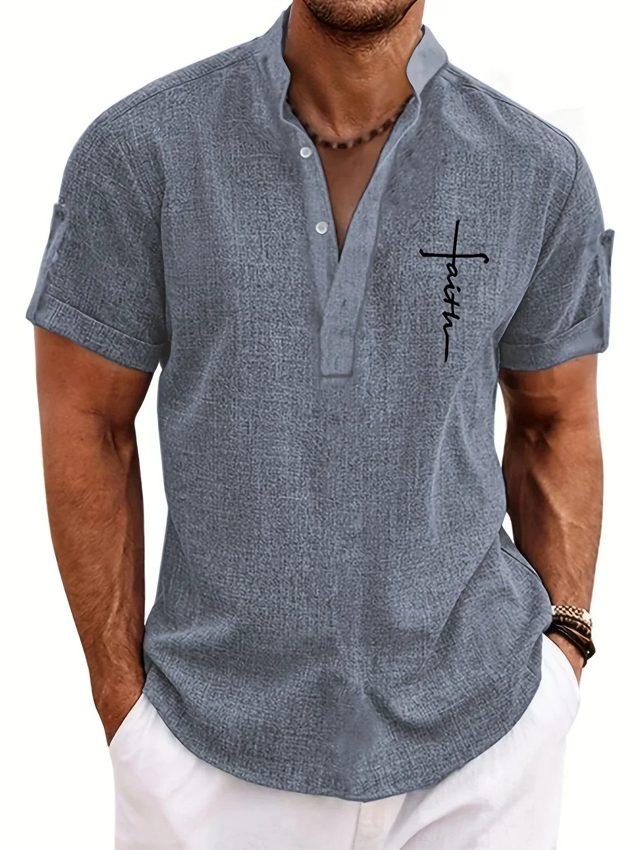 Camisa elegante de manga corta y cuello alto